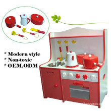 MDF Red Kids Pretend Play Wooden Toy Kitchen with cooking set